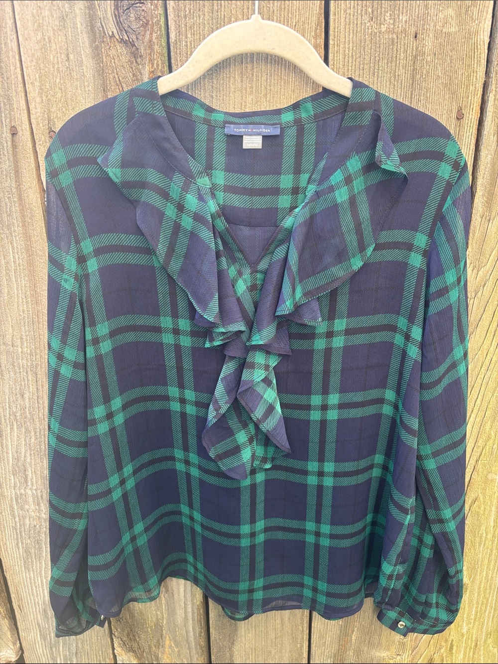 Tommy Hilfiger Chic Plaid Feminine Blouse Top Blue Green Women’s Sz Medium